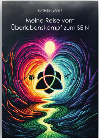 Lebensreise und spirituelles Erwachen – Buchcover mit bunten Farbmustern und Triquetra-Symbol.